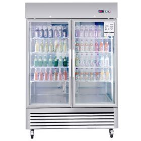 54"W Commercial Refrigerator 2 Section 2 Glass Door Stainless Steel Display Refrigerator 42.2 Cu.ft. Reach-in Merchandising Refrigerator Upright Fan C