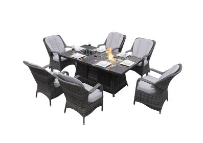 Direct Wicker 7 PCS Patio Gas Firepit and Ice Container Rectangle Dining Set with 6 Standard Height Chairs