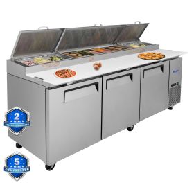 Orikool 93 IN Commercial Pizza Prep Table with a Built-in Refrigerator 30.8 Cu.Ft, Butcher Block Cutting Board, Protection Lid, Cold Storage