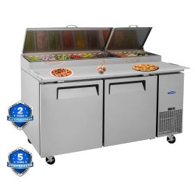 Orikool 67 IN Commercial Pizza Prep Table with a Built-in Refrigerator 20.3 Cu.Ft, Butcher Block Cutting Board, Protection Lid, Cold Storage