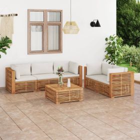 6 Piece Patio Lounge Set with Cream Cushion Solid Teak Wood