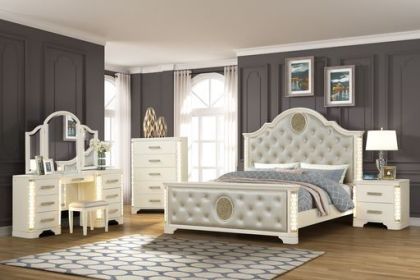 Jasmine King 5 Pc Unique LED Vanity Bedroom Set made With Wood in Beige