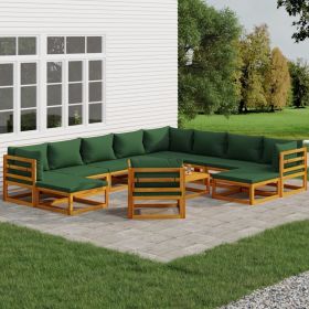 12 Piece Patio Lounge Set with Green Cushions Solid Wood