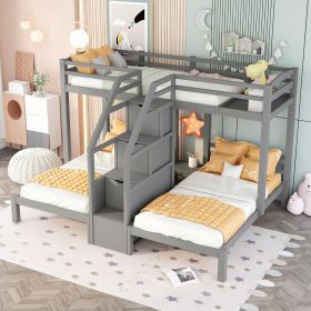 Twin over Twin & Twin Bunk Bed with Built-in Staircase and Storage Drawer