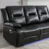 3 Seater Home Theater Recliner Manual Recliner Chair with a LED Light Strip Two Built-in Cup Holders for Living Room,Bedroom, Black