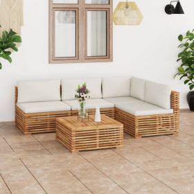 5 Piece Patio Lounge Set with Cream Cushion Solid Teak Wood