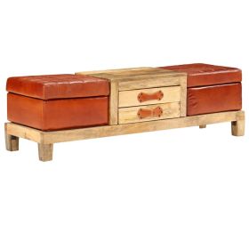 Storage Bench Solid Mango Wood Real Leather 47.2"x14.2"x14.2"