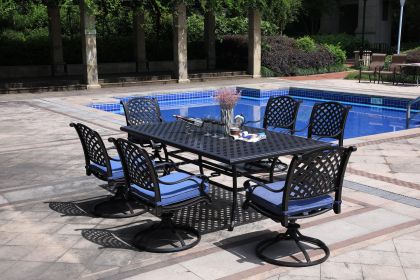 Rectangular 6 - Person 85.83" Long Aluminum Dining Set with Navy Blue Cushions