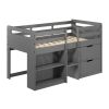 Grey Twin Loft Bed with Built-in Drawers and Bookshelf