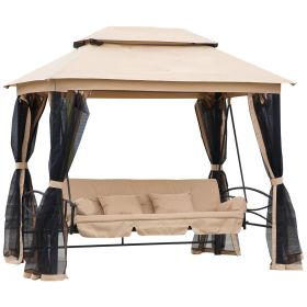 3-Seat Patio Swing Chair, Outdoor Gazebo Swing with Double Tier Canopy, Mesh Sidewalls, Cushioned Seat and Pillows, Beige