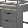 Grey Twin Loft Bed with Built-in Drawers and Bookshelf