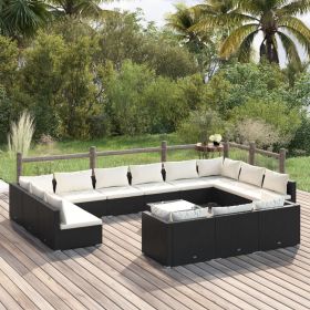 14 Piece Patio Lounge Set with Cushions Black Poly Rattan (Color: black)