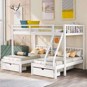 Full Over Twin & Twin Bunk Bed, Wood Triple Bunk Bed with Drawers and Guardrails (Color: White)