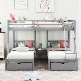 Full Over Twin & Twin Bunk Bed, Wood Triple Bunk Bed with Drawers and Guardrails (Color: Gray)