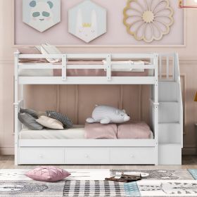 Stairway Twin-Over-Twin Bunk Bed with Three Drawers for Bedroom, Dorm - Gray (Color: White)