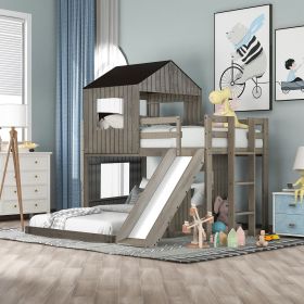 Wooden Twin Over Full Bunk Bed, Loft Bed with Playhouse, Farmhouse, Ladder, Slide and Guardrails (Color: Antique Gray)