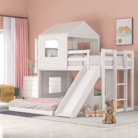 Wooden Twin Over Full Bunk Bed, Loft Bed with Playhouse, Farmhouse, Ladder, Slide and Guardrails (Color: White)