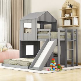 Wooden Twin Over Full Bunk Bed, Loft Bed with Playhouse, Farmhouse, Ladder, Slide and Guardrails (Color: Gray)