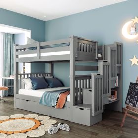 Full Over Full Bunk Bed with Shelves and 6 Storage Drawers (Color: Gray)