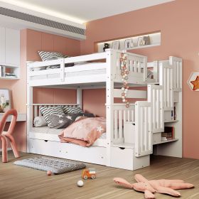 Full Over Full Bunk Bed with Shelves and 6 Storage Drawers (Color: White)