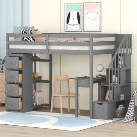 Twin size Loft Bed with Storage Drawers ,Desk and Stairs, Wooden Loft Bed with Shelves (Color: Gray)