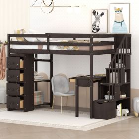 Twin size Loft Bed with Storage Drawers ,Desk and Stairs, Wooden Loft Bed with Shelves (Color: Espresso)