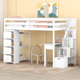 Twin size Loft Bed with Storage Drawers ,Desk and Stairs, Wooden Loft Bed with Shelves (Color: White)