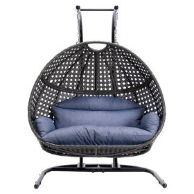 Drop shipping Double Seater Outdoor Hammock Patio Rattan Wicker Egg Hanging Swing Chair (Color: black)