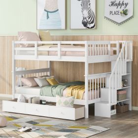 Stairway Full-Over-Full Bunk Bed with Drawer;  Storage and Guard Rail for Bedroom (Color: White)