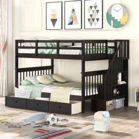 Stairway Full-Over-Full Bunk Bed with Drawer;  Storage and Guard Rail for Bedroom (Color: Espresso)