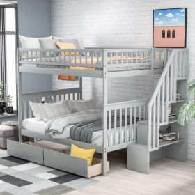 Full over Full Bunk Bed with Two Drawers and Storage (Color: Gray)