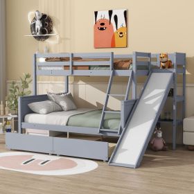 Twin over Full Bunk Bed with 2 Drawers,Slide,Shelves,Ladder,Rubber Wood Bunk Bed with Slide,Drawers,Grey (material: Rubber Wood, Color: grey)