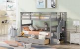 Stairway Twin-Over-Twin Bunk Bed with Three Drawers for Bedroom, Dorm - Gray