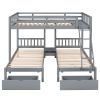 Full Over Twin & Twin Bunk Bed, Wood Triple Bunk Bed with Drawers and Guardrails